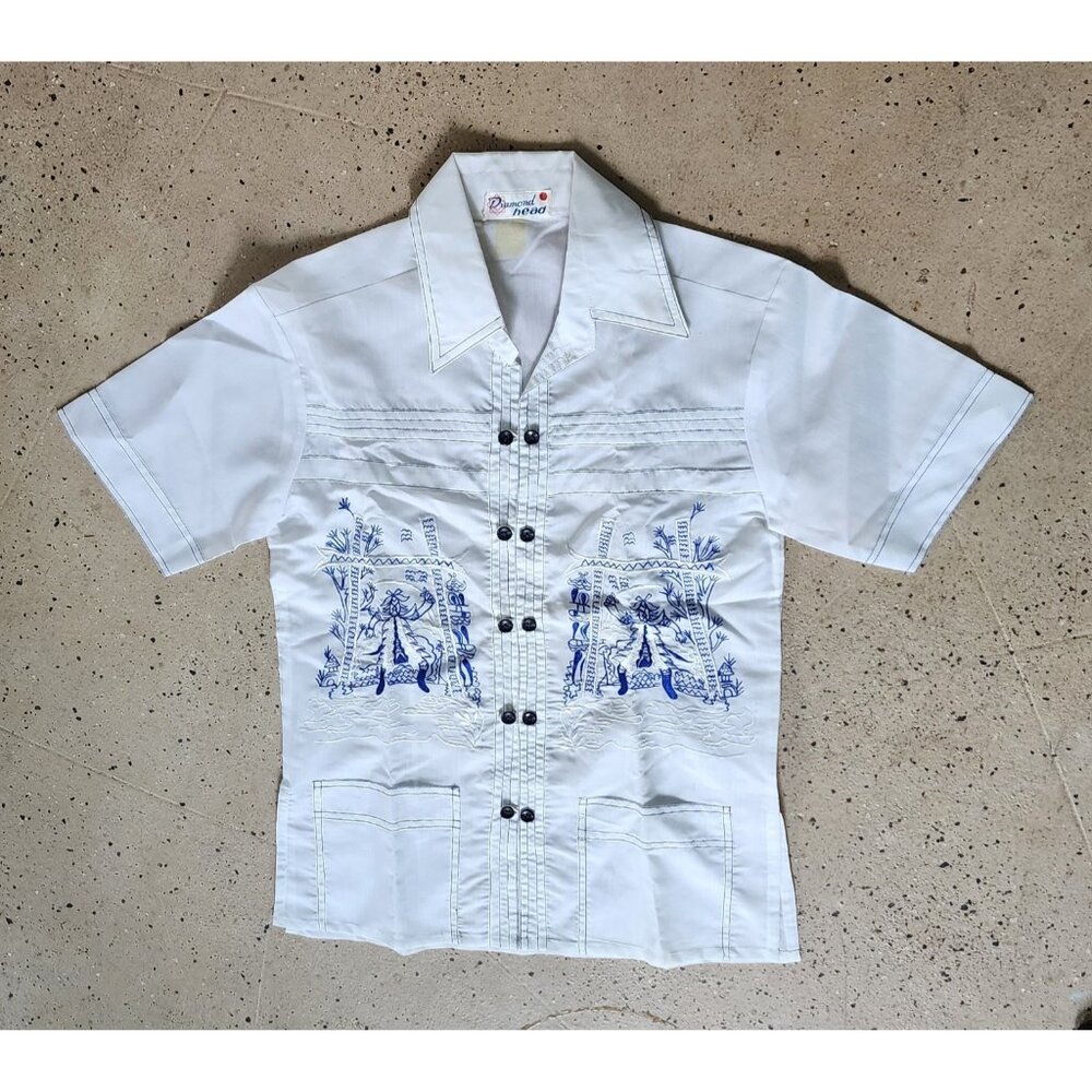 Vintage 60s Diamond Head Hawaiian Short Sleeve Button Up Blue Small Embroidered